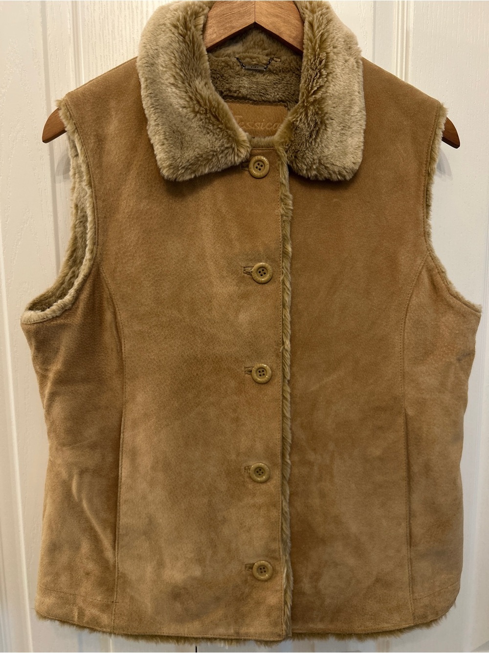 Vintage Jessica Genuine Suede Faux Shearling Vest Camel 8 M